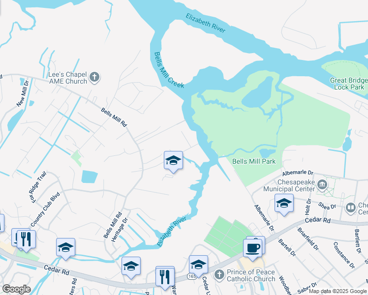 map of restaurants, bars, coffee shops, grocery stores, and more near 656 Luther Street in Chesapeake