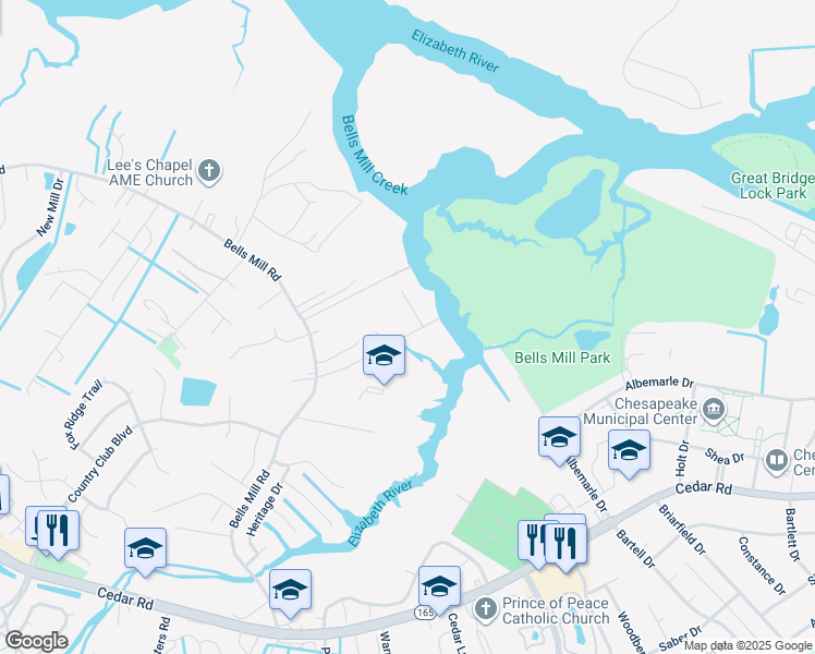 map of restaurants, bars, coffee shops, grocery stores, and more near 656 Luther Street in Chesapeake