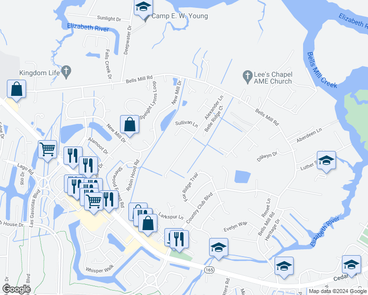 map of restaurants, bars, coffee shops, grocery stores, and more near 1117 Alexander Lane in Chesapeake