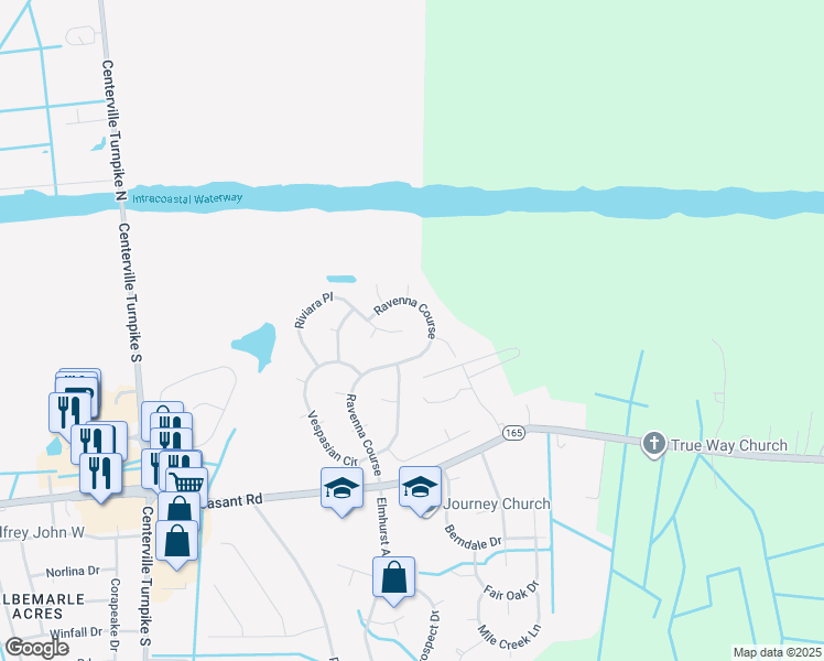 map of restaurants, bars, coffee shops, grocery stores, and more near 200 Riviara Place in Chesapeake