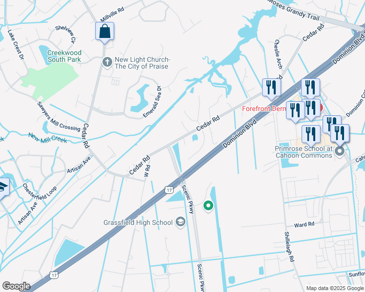 map of restaurants, bars, coffee shops, grocery stores, and more near 2041 Cedar Road in Chesapeake