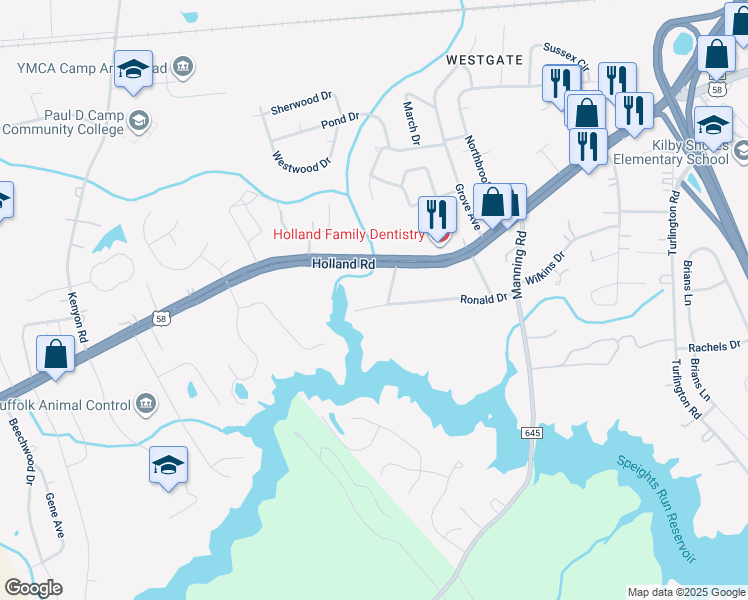 map of restaurants, bars, coffee shops, grocery stores, and more near 1644 Ronald Drive in Suffolk