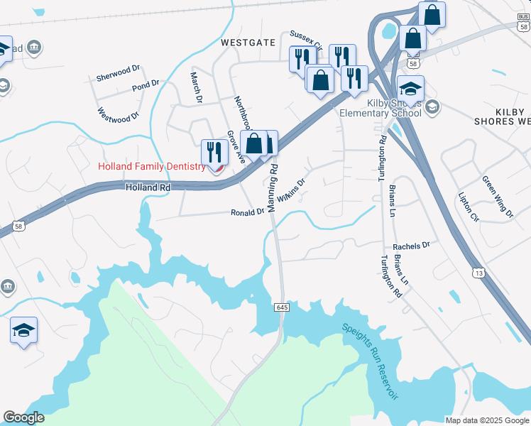 map of restaurants, bars, coffee shops, grocery stores, and more near 129 Manning Road in Suffolk