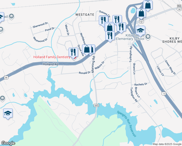 map of restaurants, bars, coffee shops, grocery stores, and more near 129 Manning Road in Suffolk