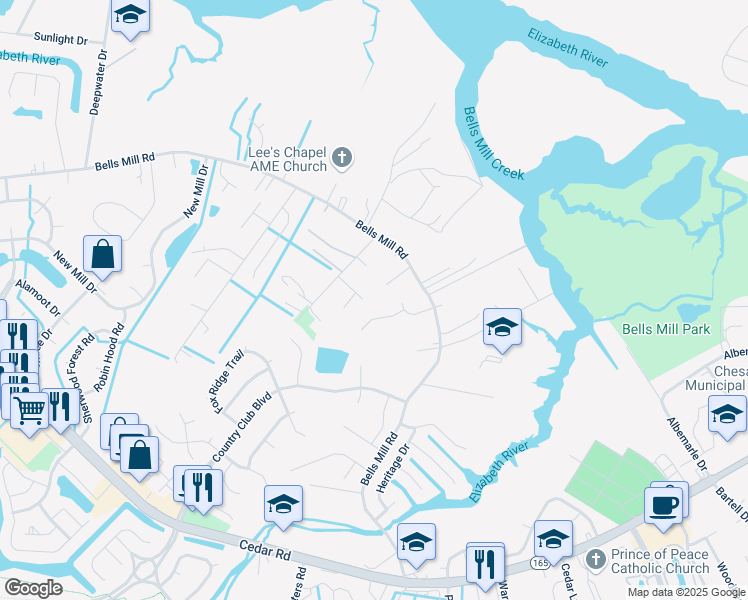 map of restaurants, bars, coffee shops, grocery stores, and more near 906 Tisbury Drive in Chesapeake