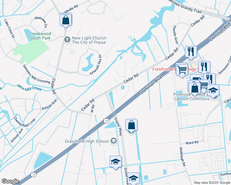 map of restaurants, bars, coffee shops, grocery stores, and more near 2041 Cedar Road in Chesapeake