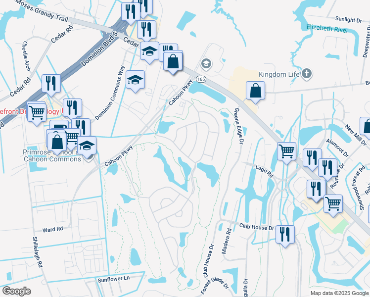 map of restaurants, bars, coffee shops, grocery stores, and more near 403 Galies Pointe Lane in Chesapeake