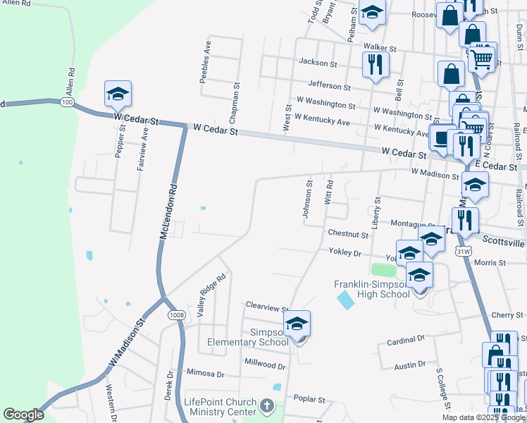 map of restaurants, bars, coffee shops, grocery stores, and more near 707 West Madison Street in Franklin