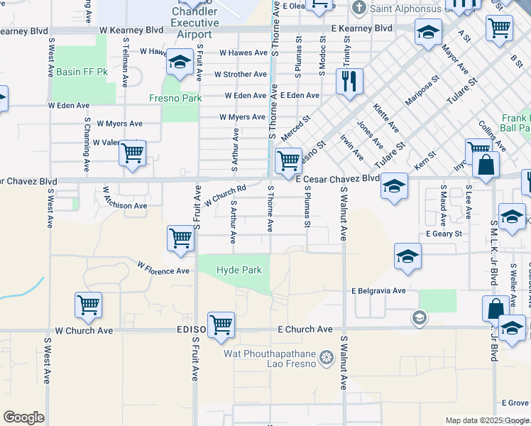 map of restaurants, bars, coffee shops, grocery stores, and more near 2196 South Thorne Avenue in Fresno