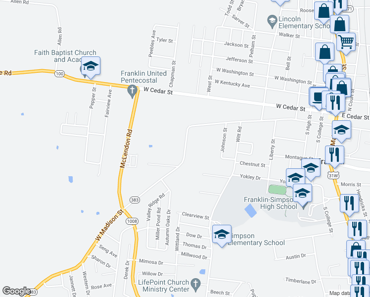 map of restaurants, bars, coffee shops, grocery stores, and more near 707 West Madison Street in Franklin