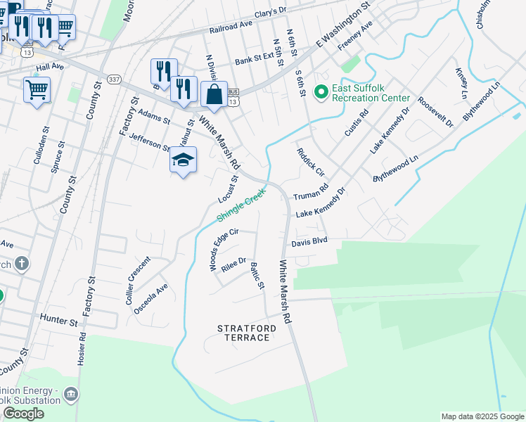 map of restaurants, bars, coffee shops, grocery stores, and more near 1204 Baltic Street in Suffolk