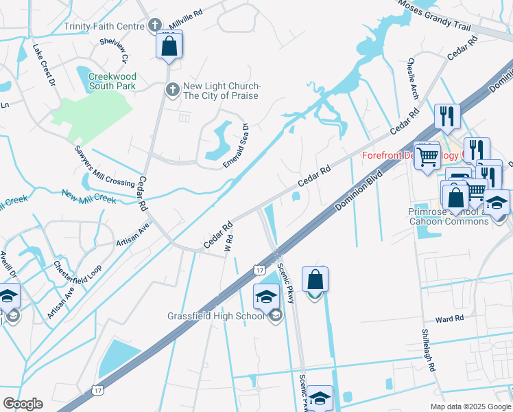 map of restaurants, bars, coffee shops, grocery stores, and more near 2064 Cedar Road in Chesapeake