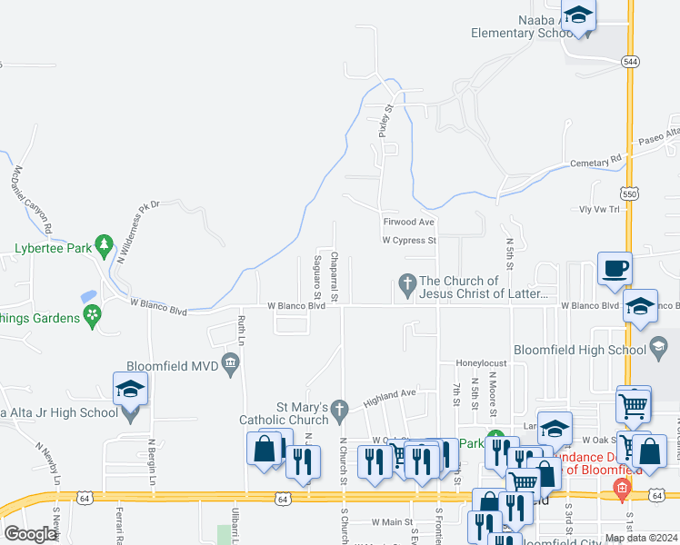 map of restaurants, bars, coffee shops, grocery stores, and more near 914 North Chaparral Lane in Bloomfield