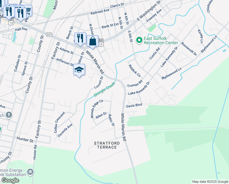 map of restaurants, bars, coffee shops, grocery stores, and more near 1204 Baltic Street in Suffolk