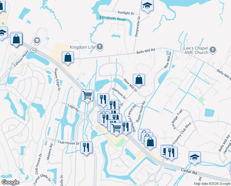 map of restaurants, bars, coffee shops, grocery stores, and more near 1229 Alamoot Drive in Chesapeake