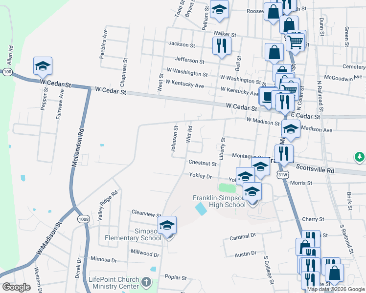 map of restaurants, bars, coffee shops, grocery stores, and more near 505-513 Johnson Street in Franklin