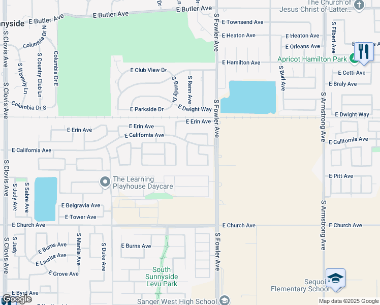 map of restaurants, bars, coffee shops, grocery stores, and more near 2243 South Bundy Drive in Fresno
