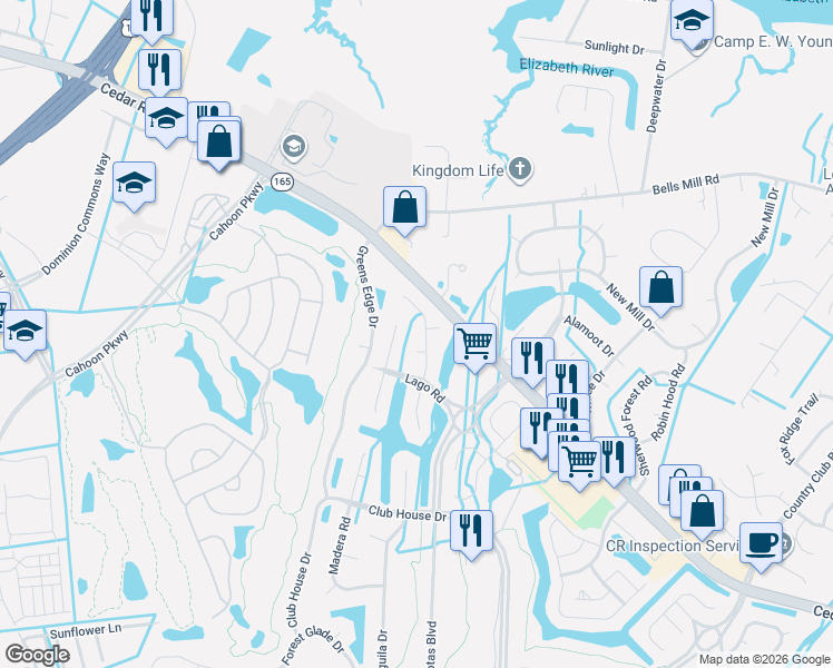 map of restaurants, bars, coffee shops, grocery stores, and more near 305 Ventosa Drive in Chesapeake