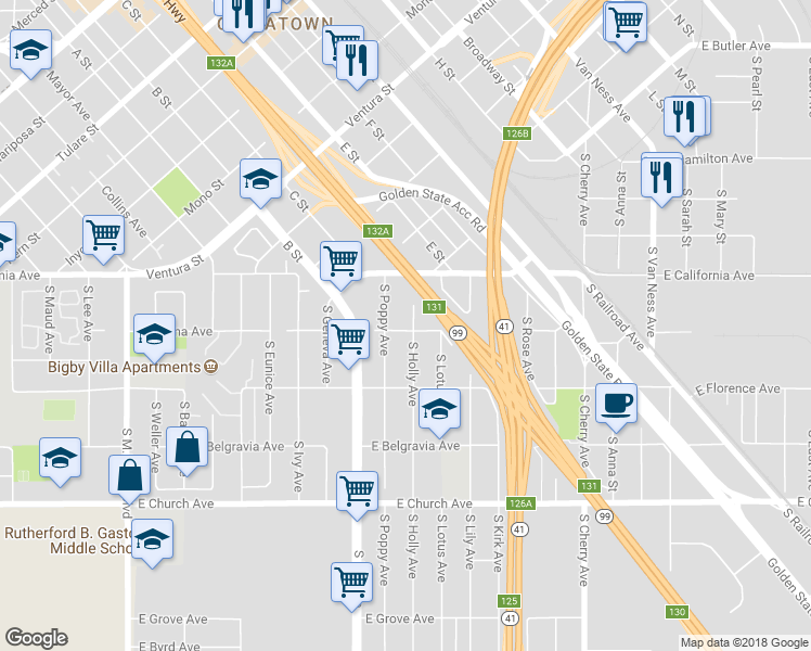 map of restaurants, bars, coffee shops, grocery stores, and more near 2196 South Holly Avenue in Fresno