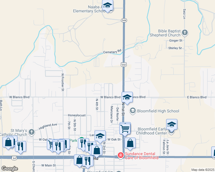 map of restaurants, bars, coffee shops, grocery stores, and more near North 3rd Street in Bloomfield