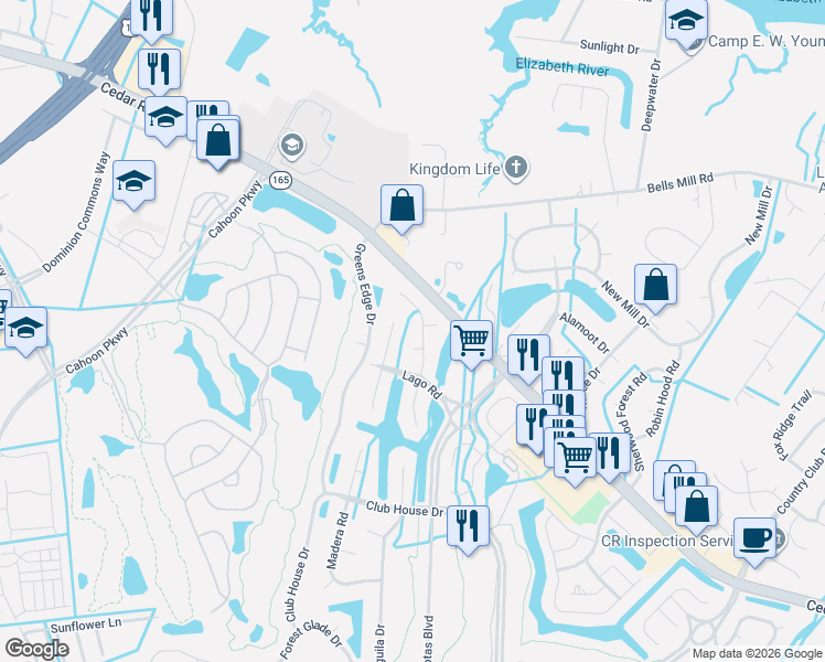 map of restaurants, bars, coffee shops, grocery stores, and more near 305 Ventosa Drive in Chesapeake
