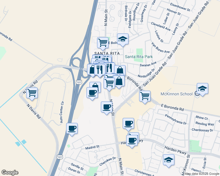 map of restaurants, bars, coffee shops, grocery stores, and more near 1900 North Main Street in Salinas