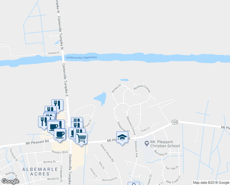 map of restaurants, bars, coffee shops, grocery stores, and more near 321 Riviara Place in Chesapeake