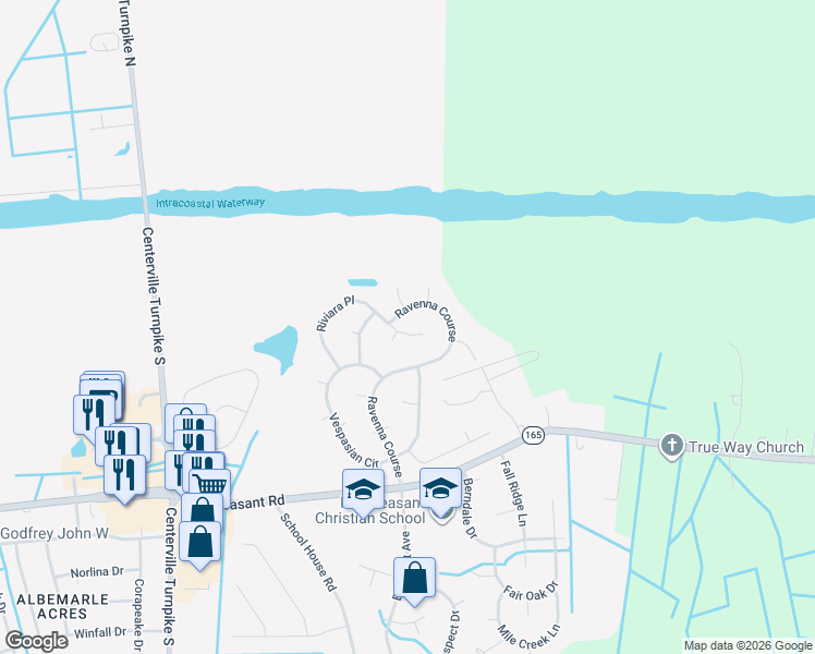 map of restaurants, bars, coffee shops, grocery stores, and more near 208 Riviara Place in Chesapeake