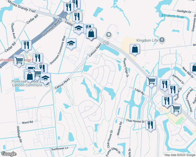 map of restaurants, bars, coffee shops, grocery stores, and more near 405 Galies Pointe Lane in Chesapeake