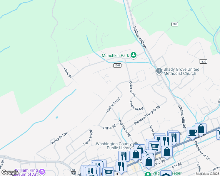 map of restaurants, bars, coffee shops, grocery stores, and more near 167 Crestview Drive Northeast in Abingdon