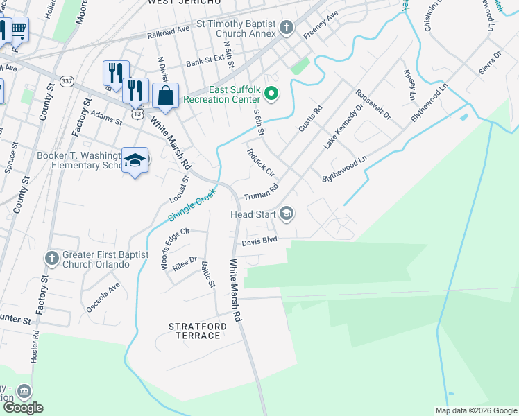 map of restaurants, bars, coffee shops, grocery stores, and more near 898 Lake Kennedy Drive in Suffolk
