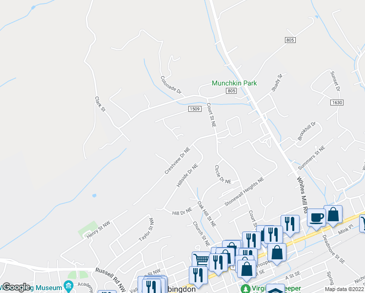 map of restaurants, bars, coffee shops, grocery stores, and more near 167 Crestview Drive Northeast in Abingdon