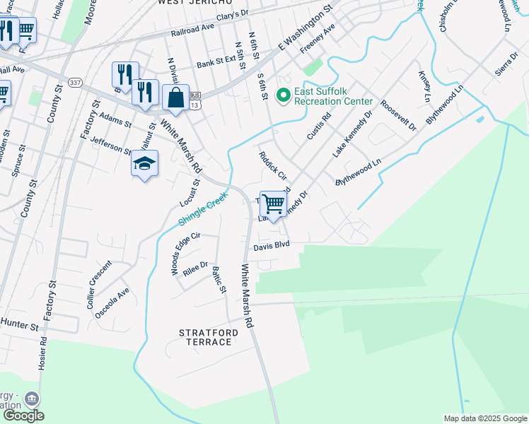 map of restaurants, bars, coffee shops, grocery stores, and more near 894 Lake Kennedy Drive in Suffolk