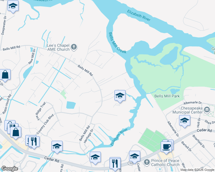 map of restaurants, bars, coffee shops, grocery stores, and more near 941 Aberdeen Lane in Chesapeake