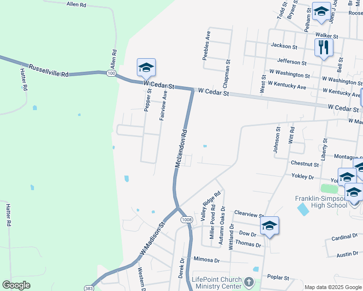 map of restaurants, bars, coffee shops, grocery stores, and more near McLendon Road in Franklin