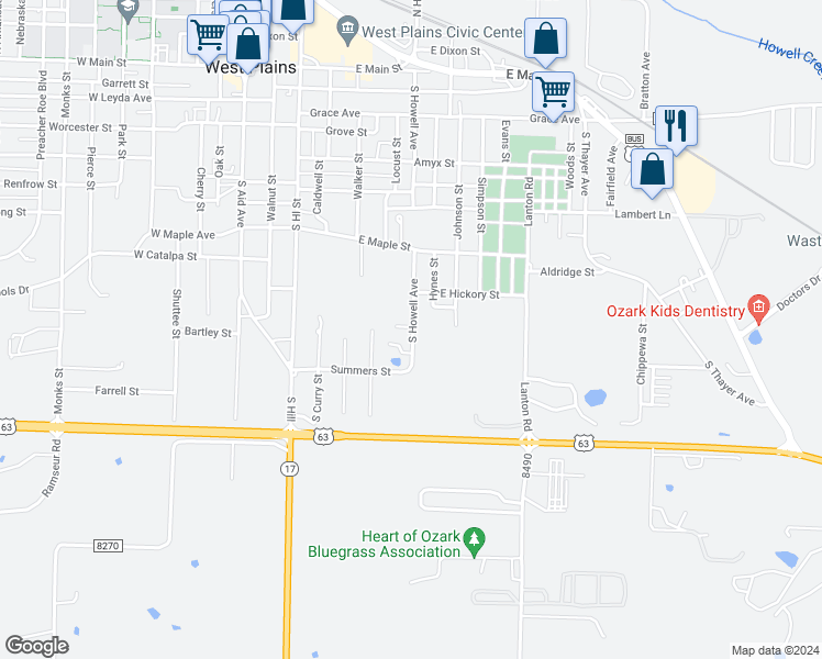 map of restaurants, bars, coffee shops, grocery stores, and more near 717 South Howell Avenue in West Plains