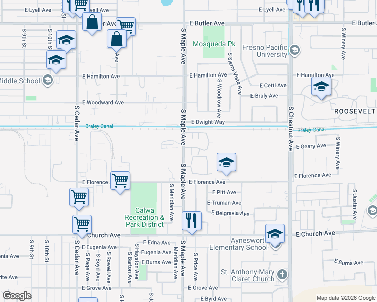 map of restaurants, bars, coffee shops, grocery stores, and more near 2123 South Maple Avenue in Fresno