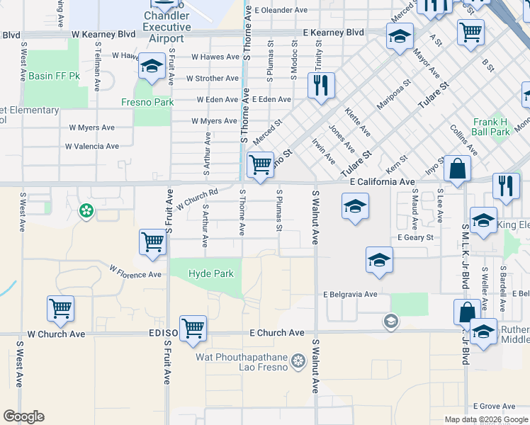 map of restaurants, bars, coffee shops, grocery stores, and more near 42 East Atchison Street in Fresno
