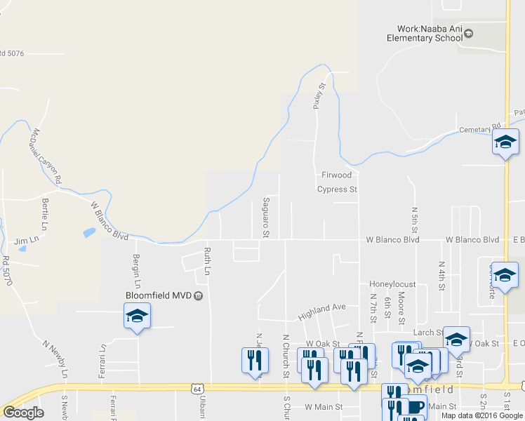 map of restaurants, bars, coffee shops, grocery stores, and more near 817 Saguaro Street in Bloomfield
