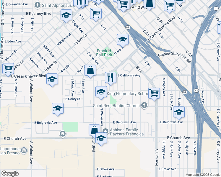 map of restaurants, bars, coffee shops, grocery stores, and more near 2185 South Bardell Avenue in Fresno