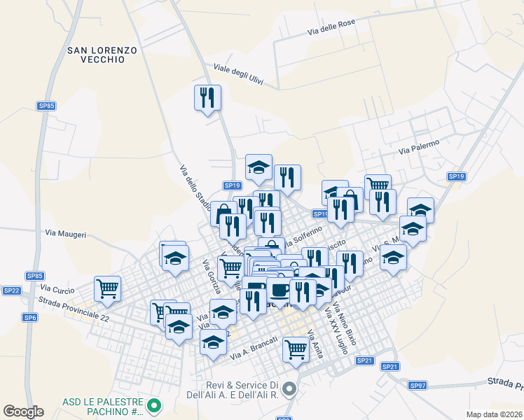 map of restaurants, bars, coffee shops, grocery stores, and more near 40 Via Regina Margherita in Pachino