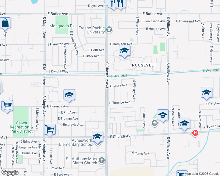 map of restaurants, bars, coffee shops, grocery stores, and more near 4814 East Geary Avenue in Fresno