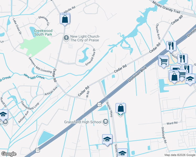 map of restaurants, bars, coffee shops, grocery stores, and more near 2064 Cedar Road in Chesapeake