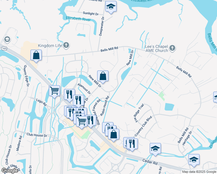 map of restaurants, bars, coffee shops, grocery stores, and more near 905 Staffordshire Court in Chesapeake