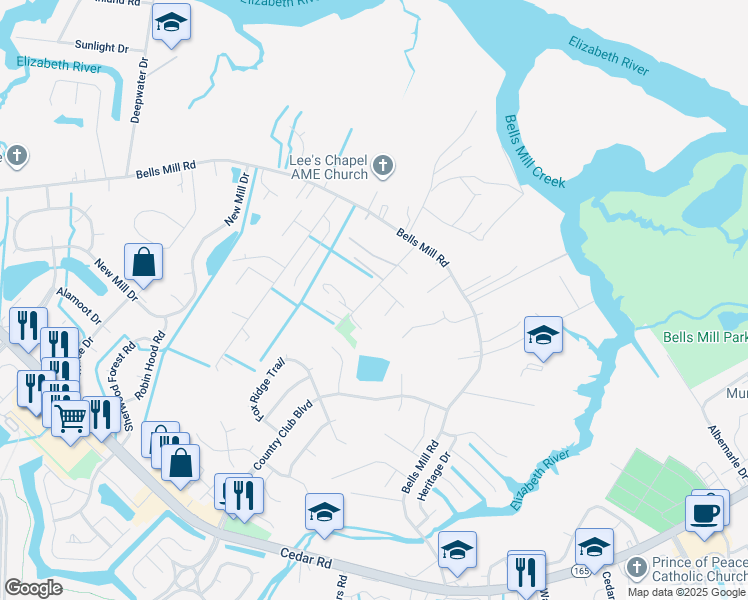 map of restaurants, bars, coffee shops, grocery stores, and more near 327 Progress Drive in Chesapeake