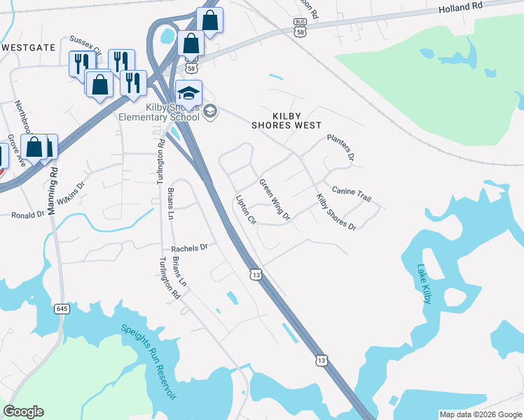 map of restaurants, bars, coffee shops, grocery stores, and more near 1505 Blue Wing Lane in Suffolk