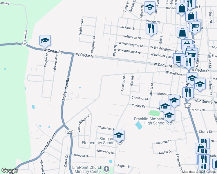 map of restaurants, bars, coffee shops, grocery stores, and more near 707 West Madison Street in Franklin