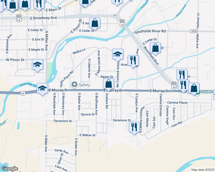 map of restaurants, bars, coffee shops, grocery stores, and more near 1016 East Murray Drive in Farmington