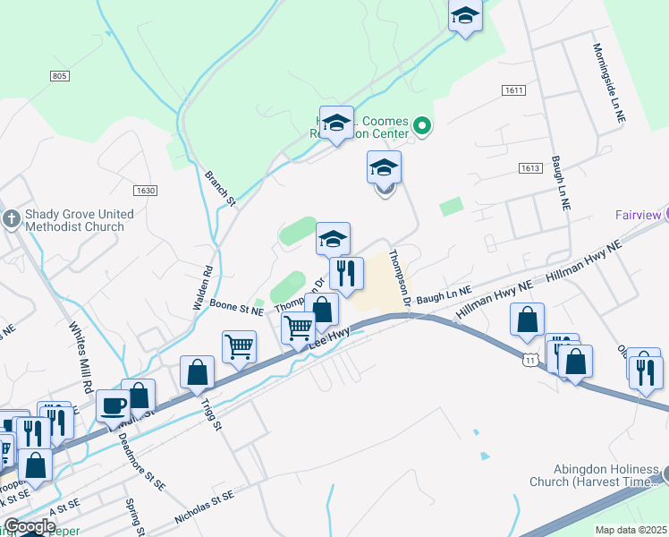 map of restaurants, bars, coffee shops, grocery stores, and more near 705 Thompson Drive in Abingdon