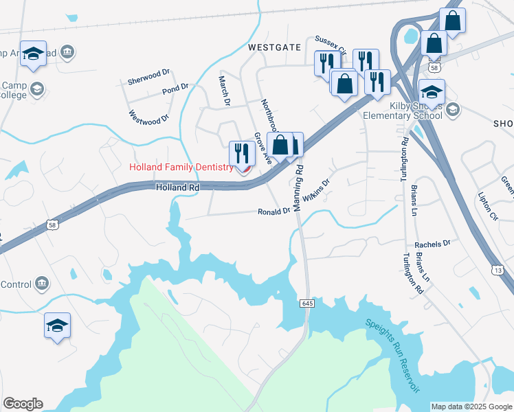 map of restaurants, bars, coffee shops, grocery stores, and more near 1620 Ronald Drive in Suffolk